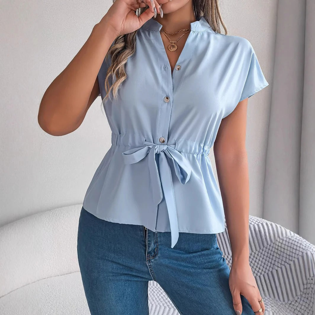 Women’s Blouse – Tailored Fit – Waist Tie – Button Front – Short Sleeve – Cotton