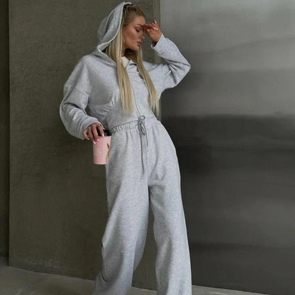 Women’s Two-PieceLounge Set – Relaxed Fit Hoodie Zip Sweatshirt – Wide-Leg Pants – Cotton Blend