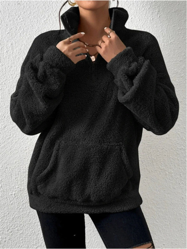 Women’s Fleece Sweatshirt – Relaxed Fit – Stand Collar – Zip Front – Kangaroo Pocket