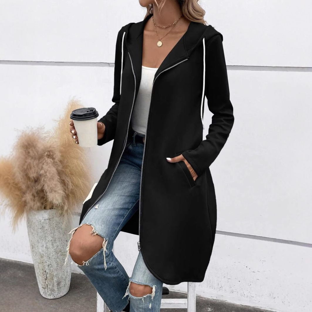 Women’s Long Hoodie Sweatshirt – Fleece Feel – Relaxed Fit – Full Zip – Side Pockets