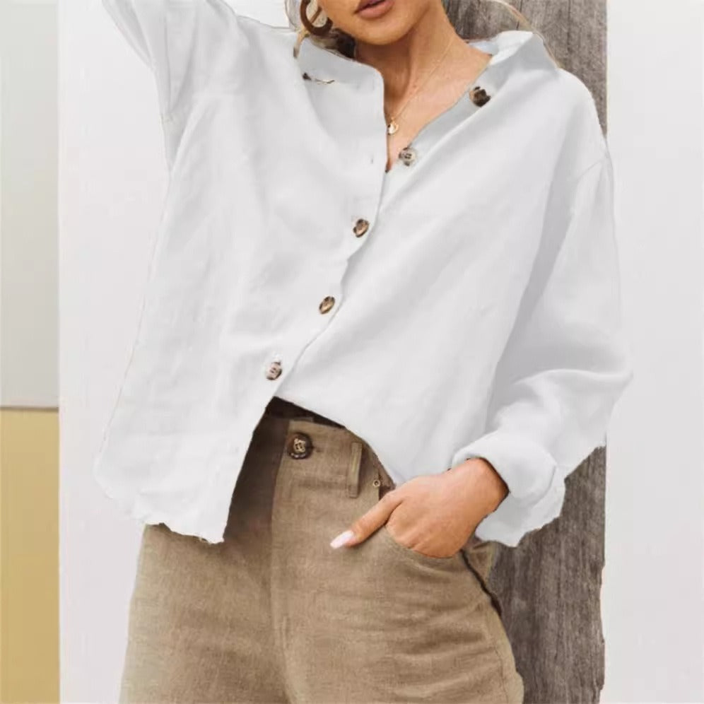 Women’s Shirt – Loose Fit – Cotton Linen Blend – Long Sleeve – Button Front Collar
