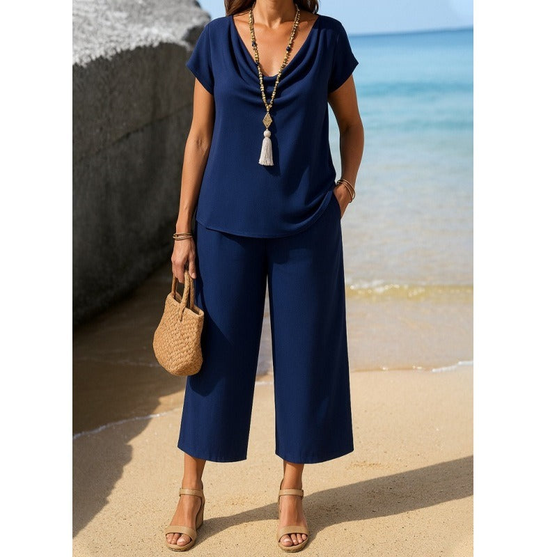 Women’s Pants Set – Soft Knit Relaxed Pullover – Pile Collar – Wide-Leg Cropped Pants
