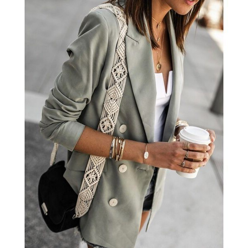 Women’s Blazer – Tailored Fit – Double-Breasted – Wool Blend – Long Sleeve Ruched