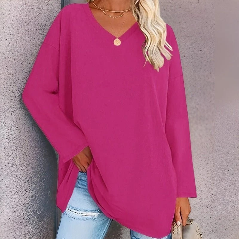 Women’s Long Sleeve Shirt – Oversized Fit – Cotton Feel – V-Neck Casual Style