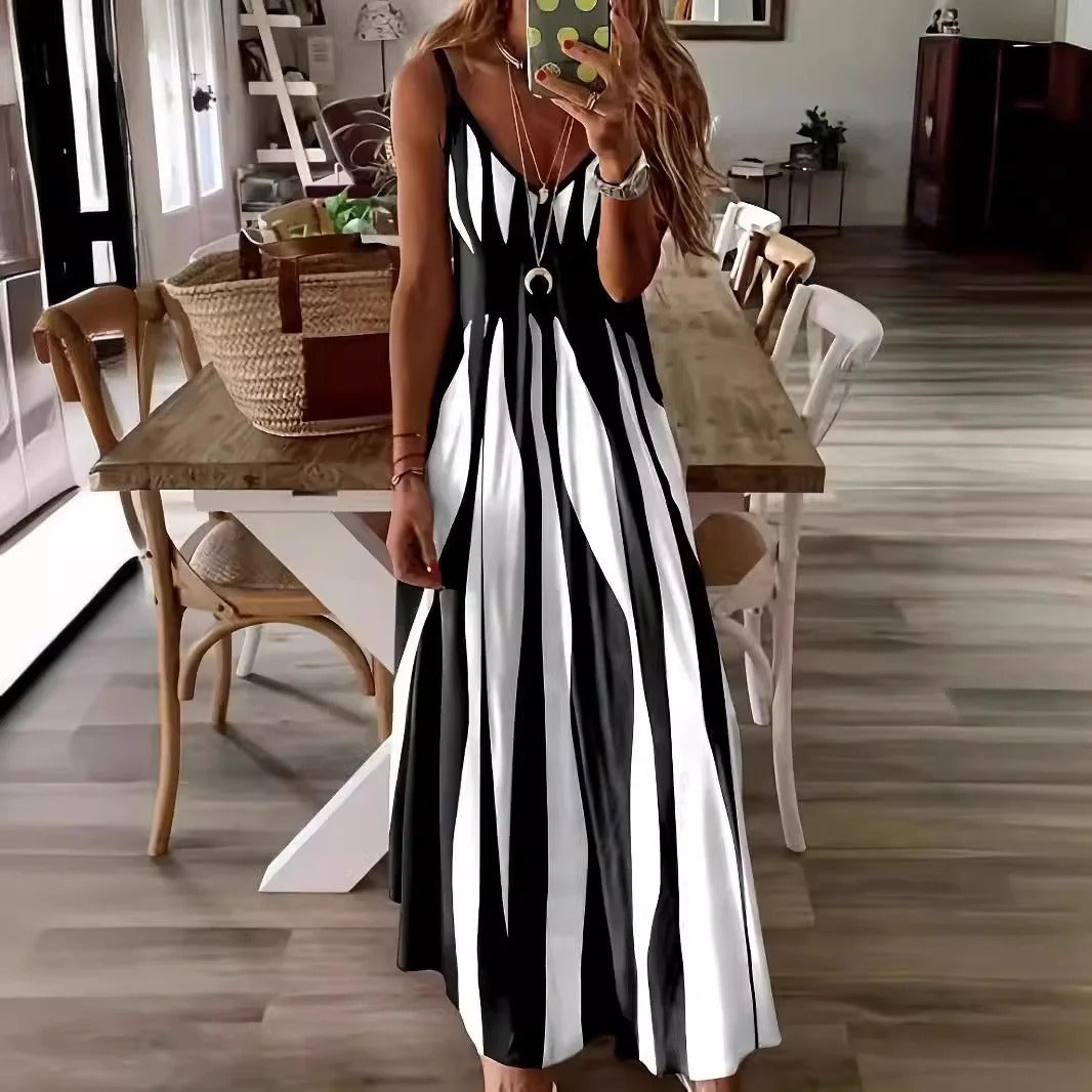 Women’s Maxi Dress – Flowing Fit – Sleeveless – V-Neck – Vertical Stripe