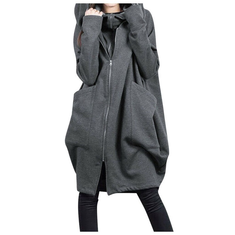 Women’s Mid-Length Coat – Oversized Fit – Wool Blend – Hooded – Zipper Front – Pockets