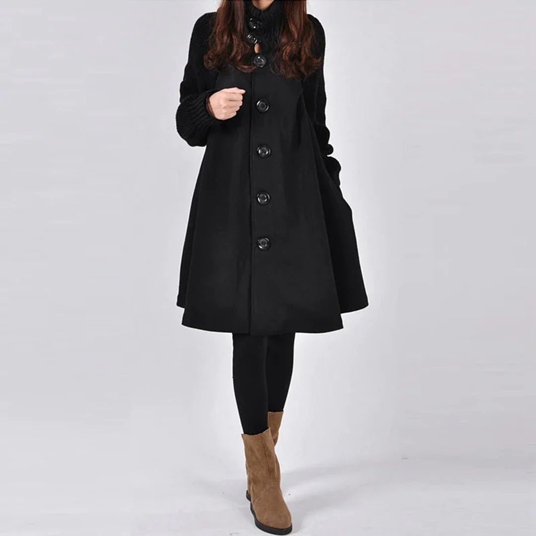Women’s Wool Coat – A-Line Silhouette – High Ribbed Collar – Button Front – Knee Length