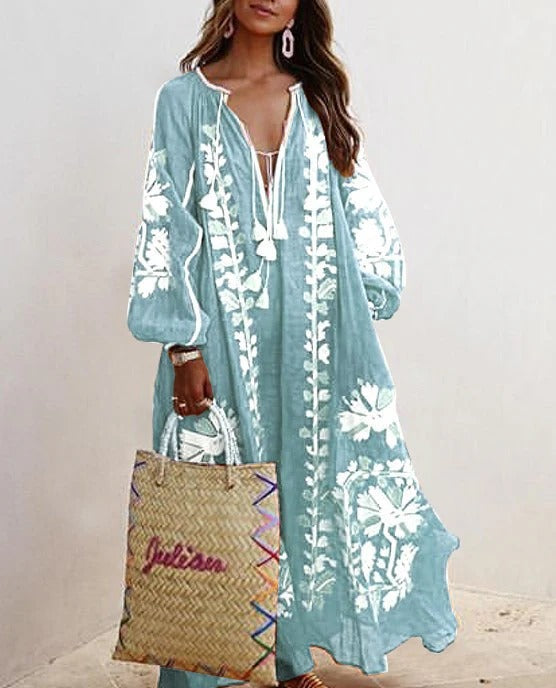Women’s Kaftan Dress – Floral Embroidery – Flowy Fit – Breathable Cotton Feel