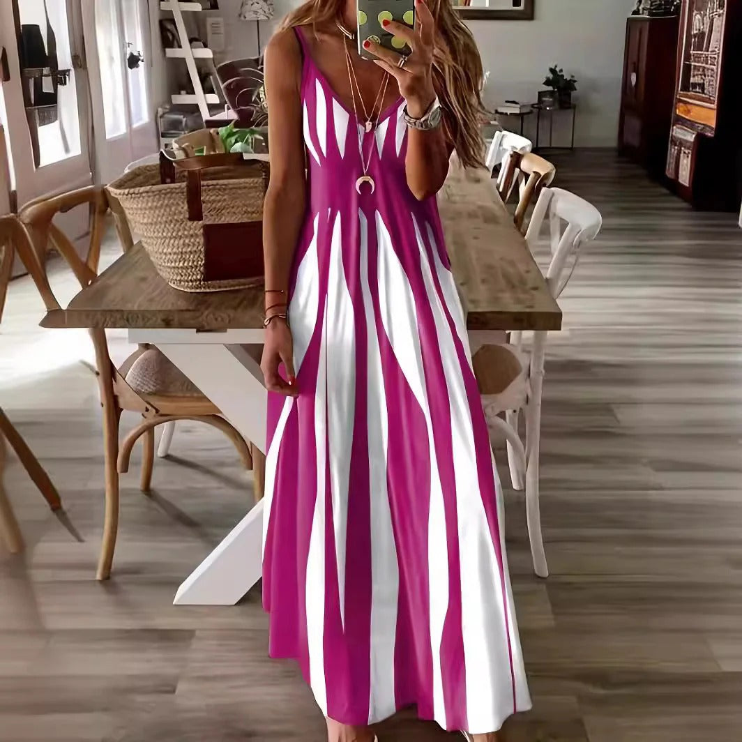 Women’s Maxi Dress – Flowing Fit – Sleeveless – V-Neck – Vertical Stripe