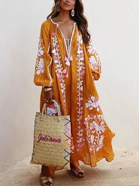Women’s Kaftan Dress – Floral Embroidery – Flowy Fit – Breathable Cotton Feel
