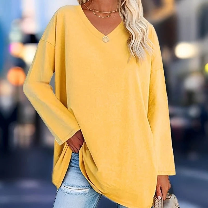 Women’s Long Sleeve Shirt – Oversized Fit – Cotton Feel – V-Neck Casual Style