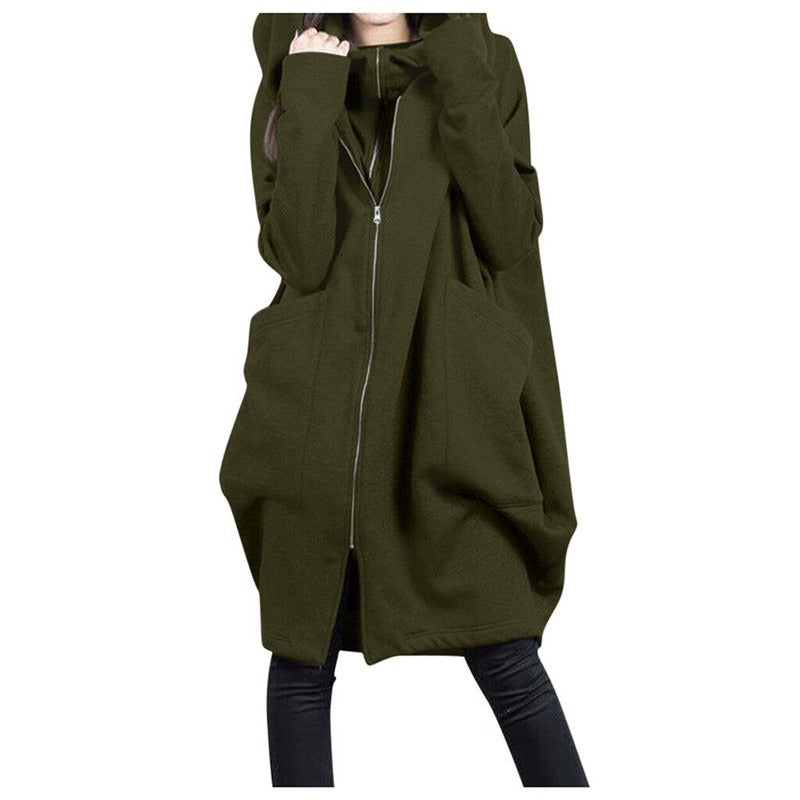 Women’s Mid-Length Coat – Oversized Fit – Wool Blend – Hooded – Zipper Front – Pockets