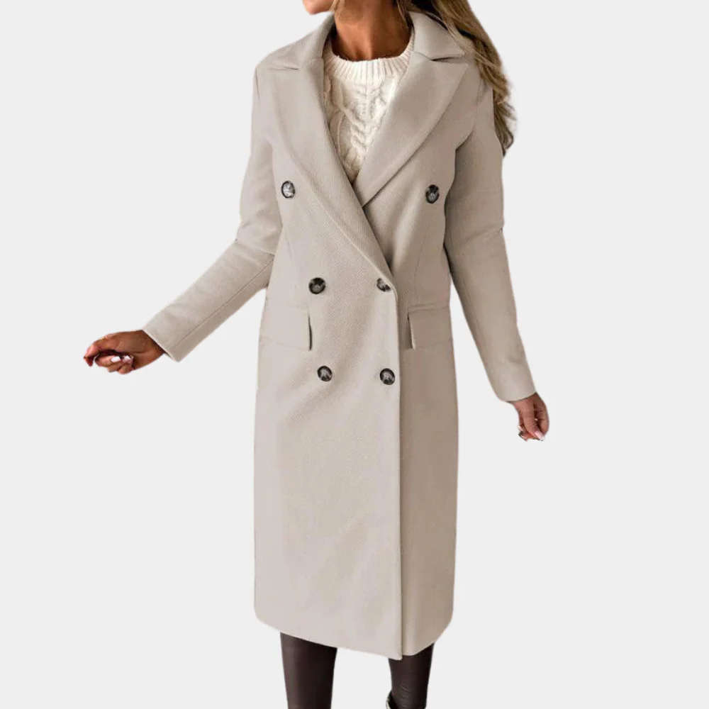 Women’s Long Coat – Wool Feel – Tailored Fit – Double-Breasted – Notched Lapel