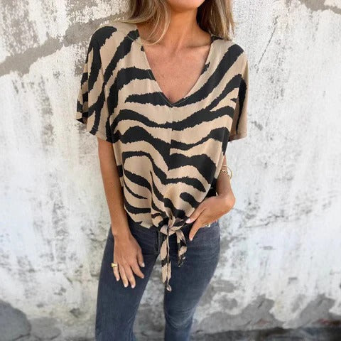Women’s Blouse – Relaxed Fit – V-Neckline – Tie Front – Short Sleeve