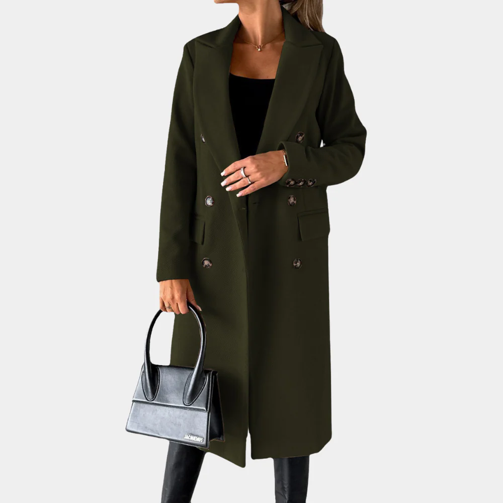 Women’s Long Coat – Wool Feel – Tailored Fit – Double-Breasted – Notched Lapel