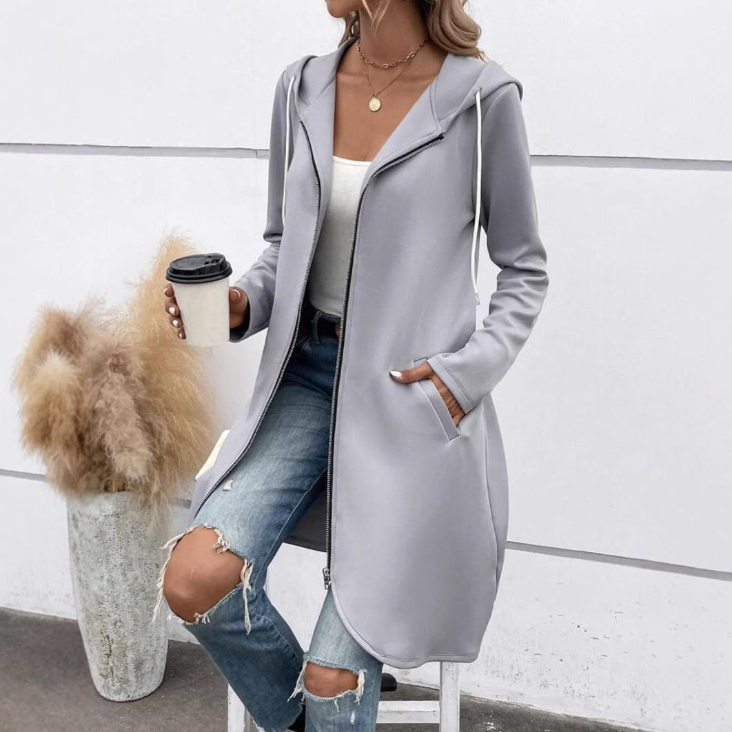 Women’s Long Hoodie Sweatshirt – Fleece Feel – Relaxed Fit – Full Zip – Side Pockets