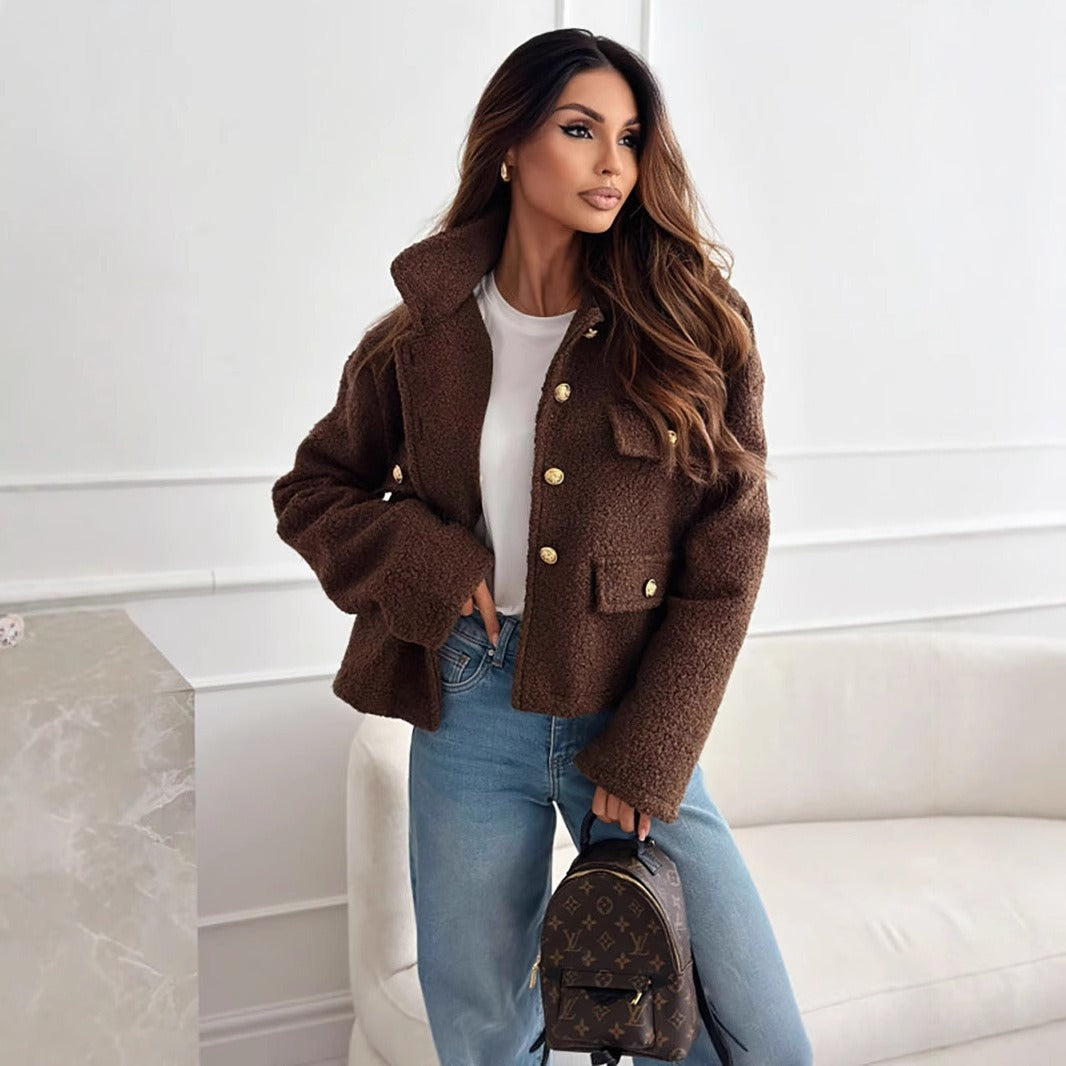 Women’s Jacket - Faux-Shearling Knit - Relaxed Fit - Hip Length - Collared - Metallic Button Closure