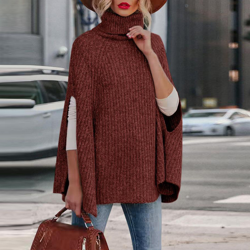 Women’s Cape – Loose Fit – Wool Blend Knit – High Neck – Arm Slit Design