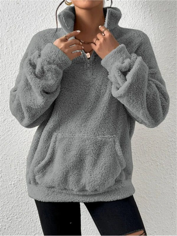 Women’s Fleece Sweatshirt – Relaxed Fit – Stand Collar – Zip Front – Kangaroo Pocket