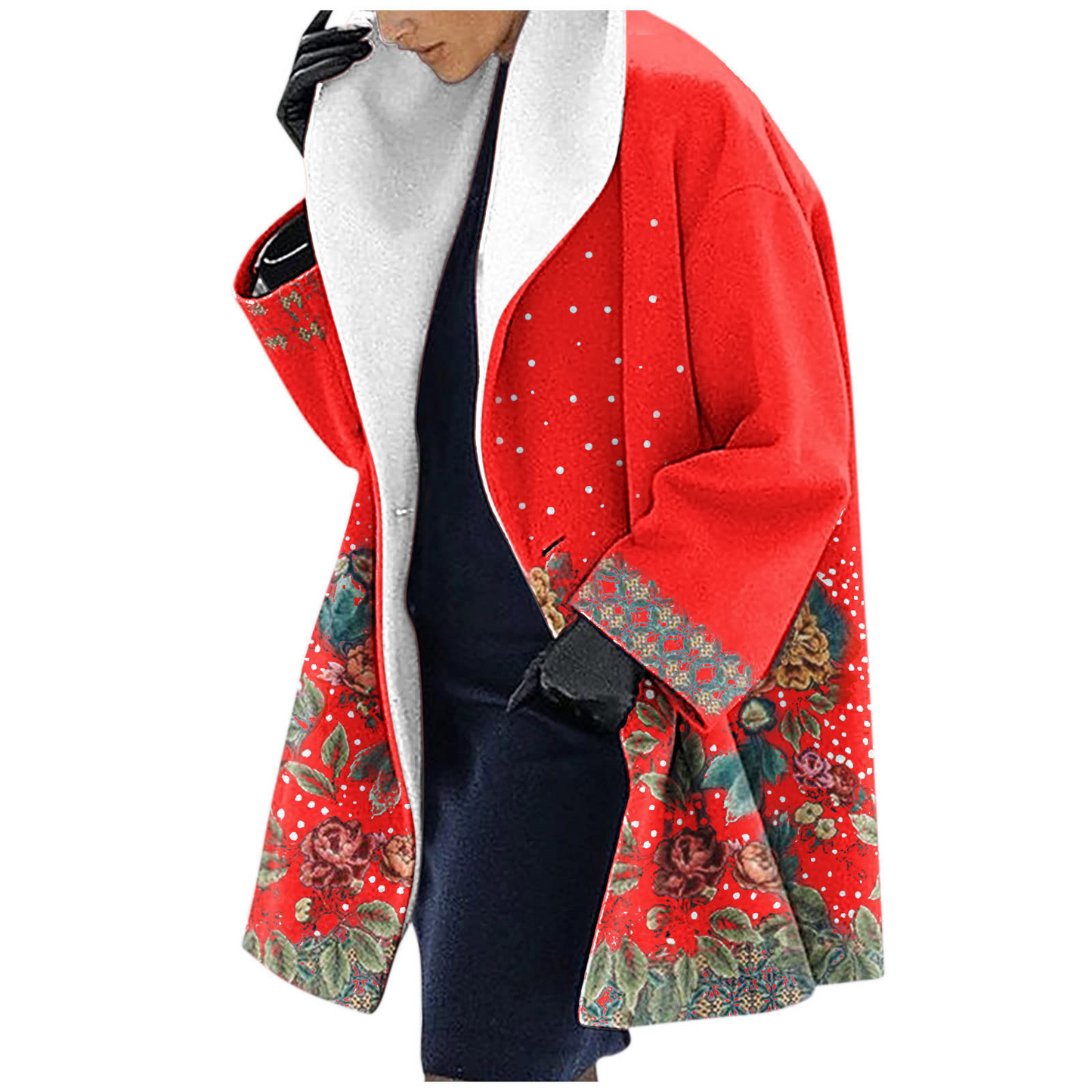 Women’s Hooded Jacket – Wool – Loose Fit – Mid-Length – Ethnic Floral Print Casual Wear