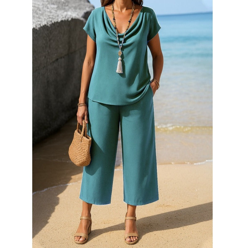 Women’s Pants Set – Soft Knit Relaxed Pullover – Pile Collar – Wide-Leg Cropped Pants
