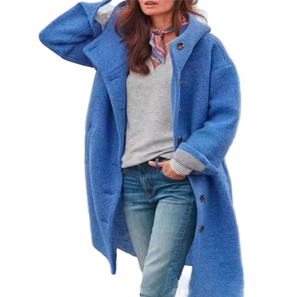 Women’s Full-Length Coat – Oversized Fit – Wool Texture – Hooded with Button Front