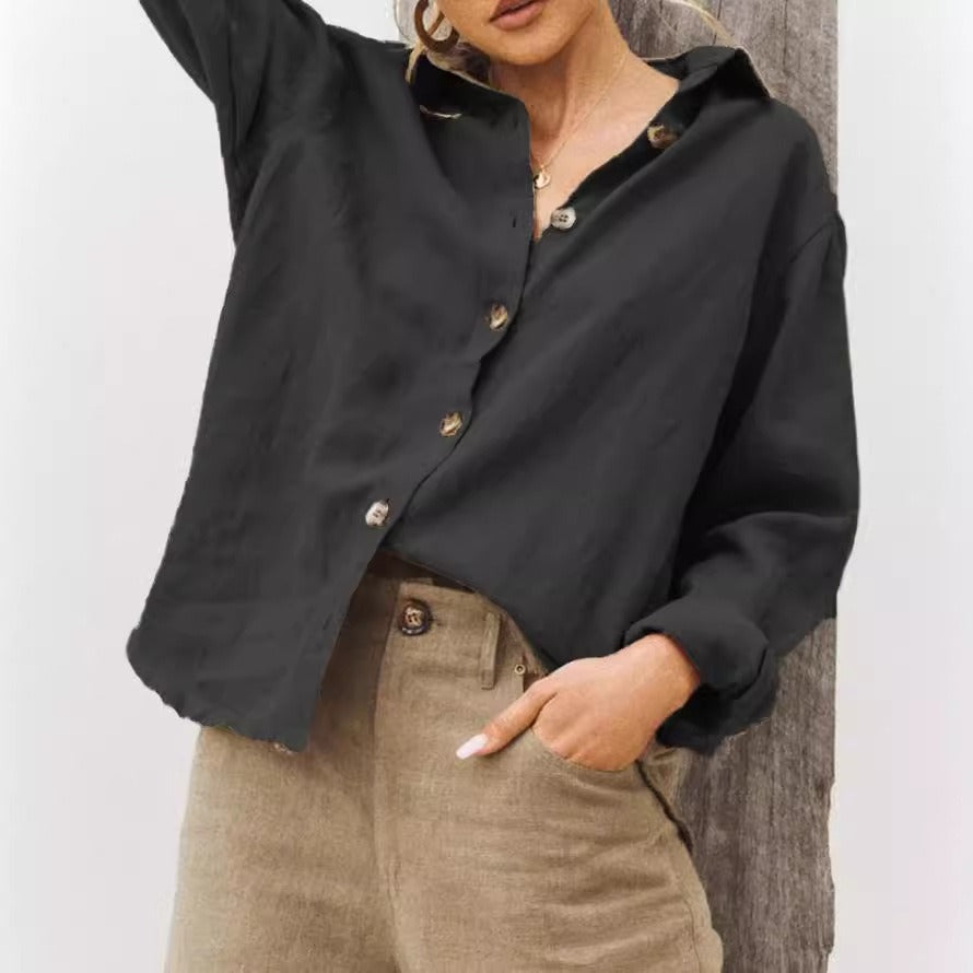 Women’s Shirt – Loose Fit – Cotton Linen Blend – Long Sleeve – Button Front Collar