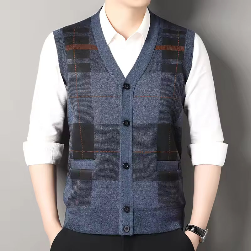 Mens Knitted Vest Slim Fit Wool Blend Button Up Checkered V Neck For Layering Casual Everyday Wear