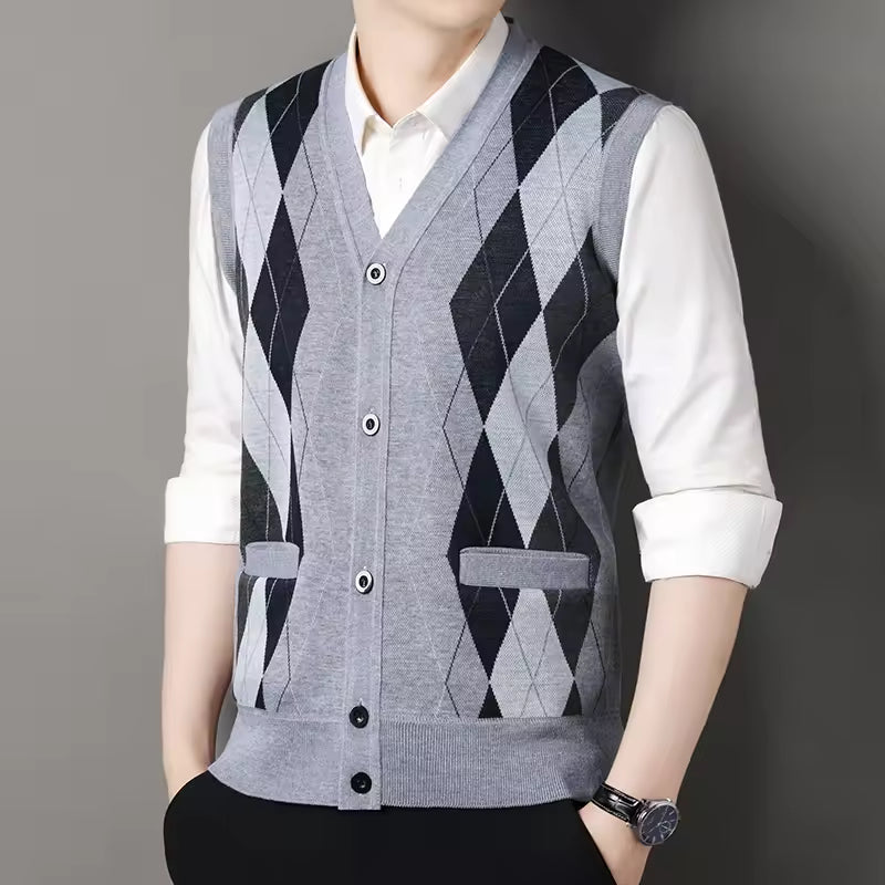 Mens Knitted Vest Slim Fit Wool Blend Button Up Checkered V Neck For Layering Casual Everyday Wear