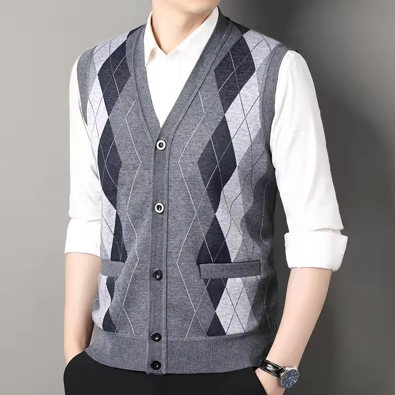 Mens Knitted Vest Slim Fit Wool Blend Button Up Checkered V Neck For Layering Casual Everyday Wear