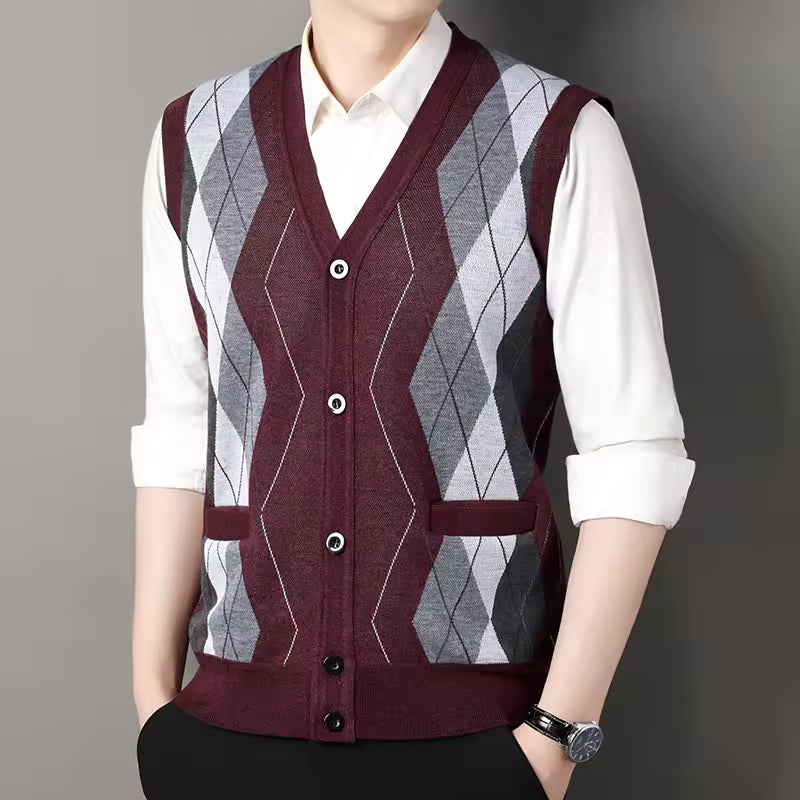 Mens Knitted Vest Slim Fit Wool Blend Button Up Checkered V Neck For Layering Casual Everyday Wear