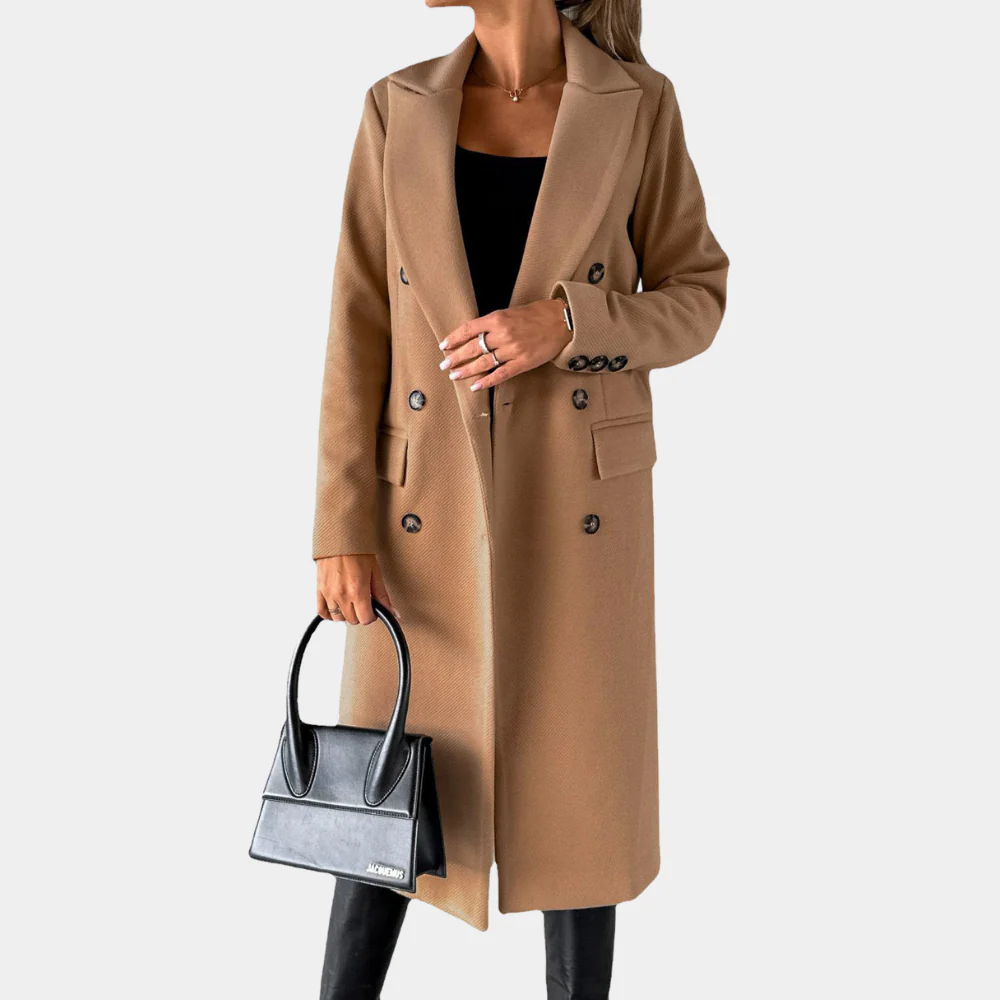 Women’s Long Coat – Wool Feel – Tailored Fit – Double-Breasted – Notched Lapel