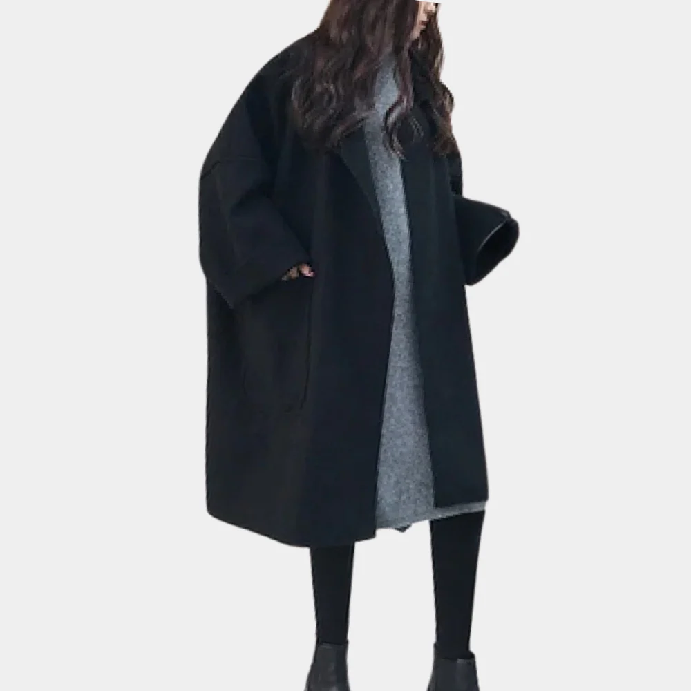 Women’s Long Coat – Oversized Fit – Wool Blend – Minimalist Style – Dropped Shoulders