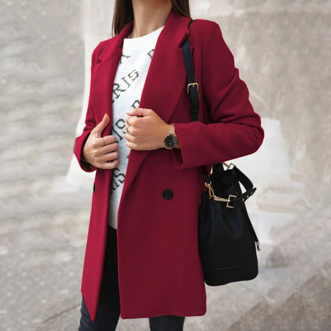 Women’s Long Coat – Tailored Fit – Wool Blend – Notched Lapel – Single Breasted