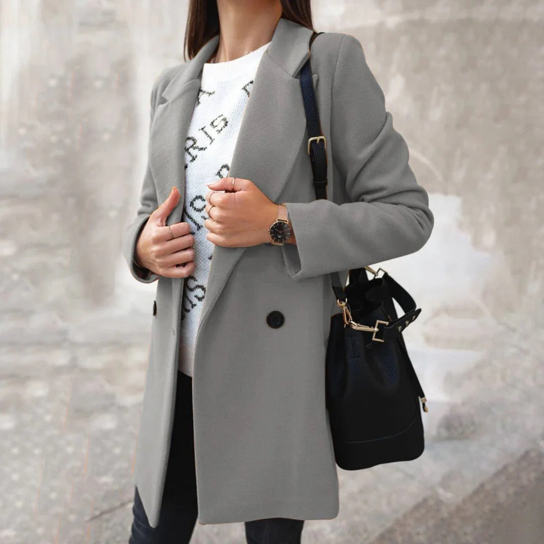 Women’s Long Coat – Tailored Fit – Wool Blend – Notched Lapel – Single Breasted