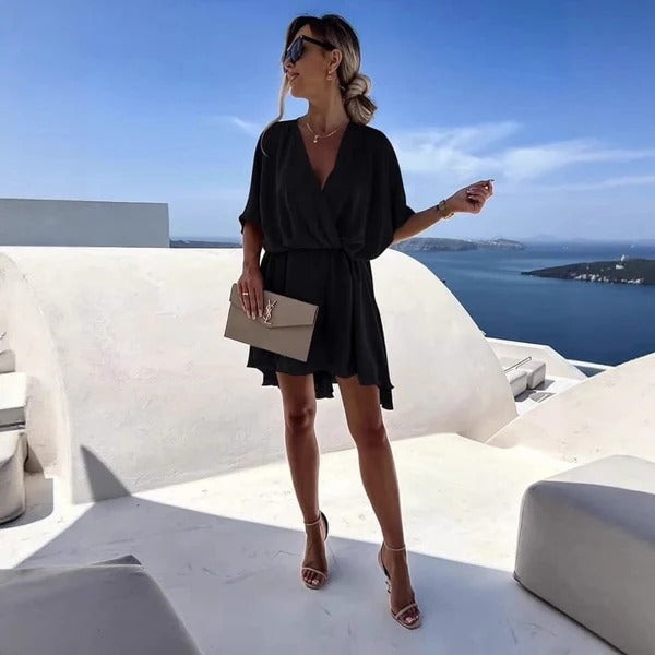 Women’s Wrap Dress – Deep V-Neck – Cinched Waist – Flutter Hem
