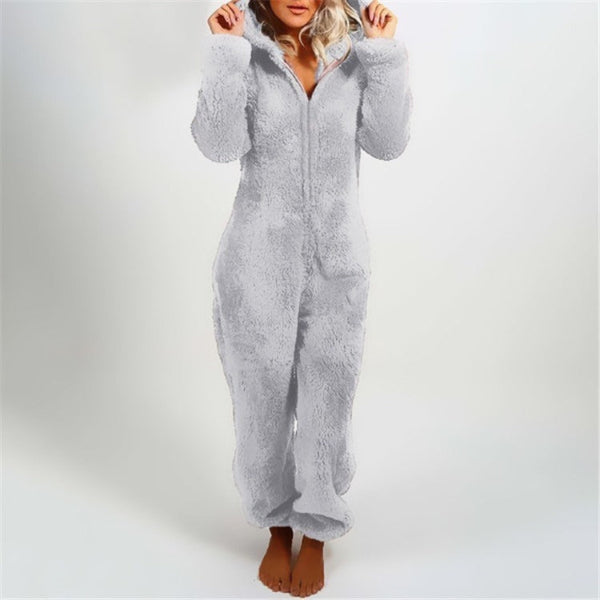 Women’s Onesie – Plush Fuzzy Fabric – Relaxed Fit – Hooded Full Length Loungewear