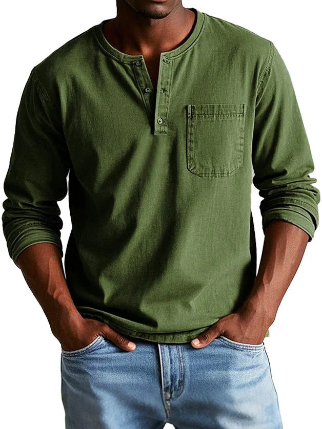 Men's Long Sleeve Top With Chest Pocket Classic Fit Cotton Feel Crew Neck Button Placket