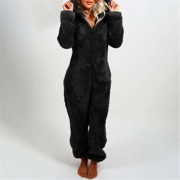 Women’s Onesie – Plush Fuzzy Fabric – Relaxed Fit – Hooded Full Length Loungewear