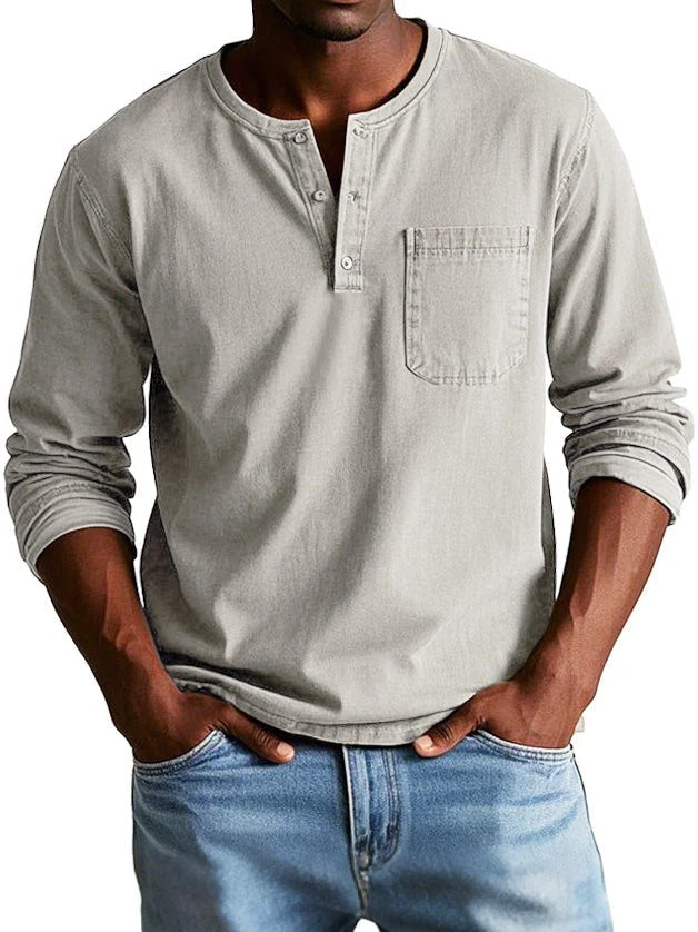 Men's Long Sleeve Top With Chest Pocket Classic Fit Cotton Feel Crew Neck Button Placket