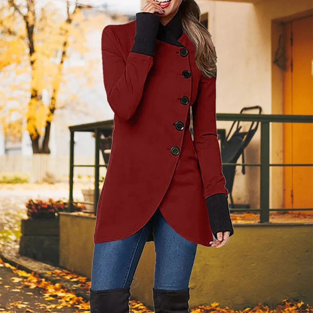 Women’s Jacket – Asymmetrical Button-Up – Tailored Fit – High Collar – Mid-Thigh Length