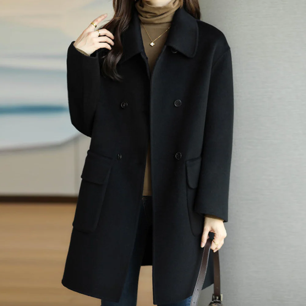 Women’s Coat – Wool Feel – Structured Fit – Double-Breasted with Notched Collar