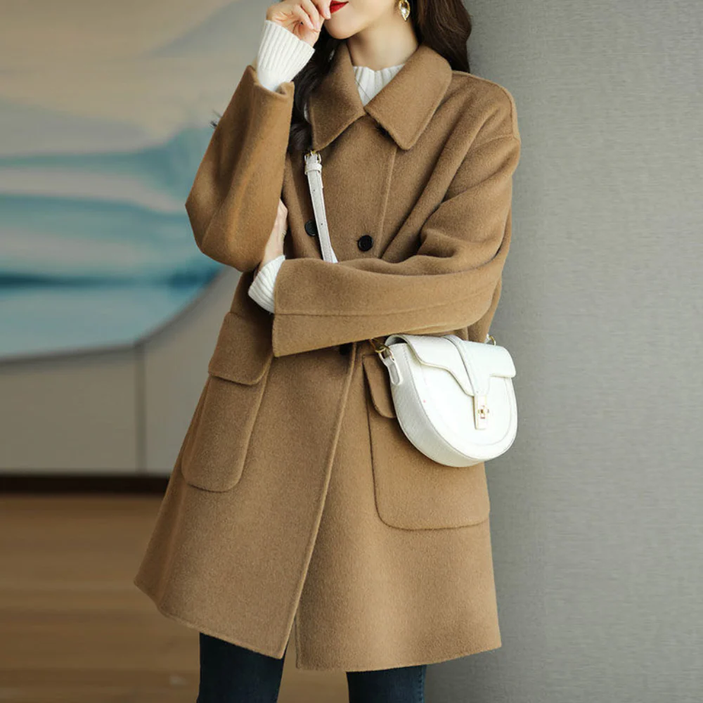 Women’s Coat – Wool Feel – Structured Fit – Double-Breasted with Notched Collar