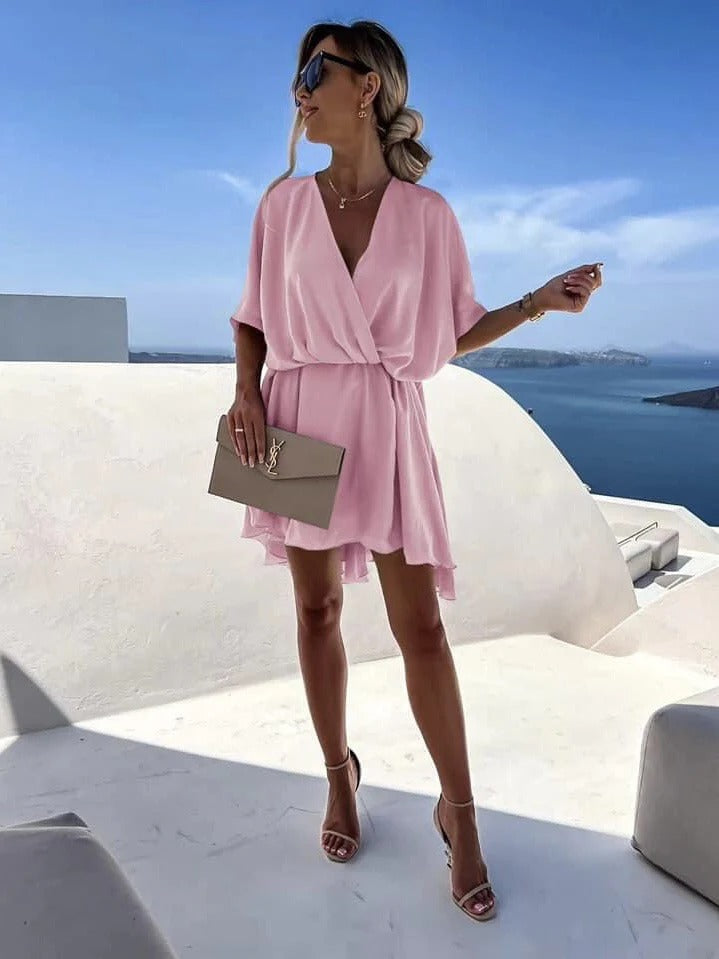 Women’s Wrap Dress – Deep V-Neck – Cinched Waist – Flutter Hem