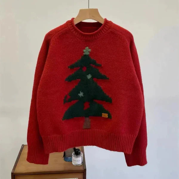 Women’s Pullover Sweater – Wool Knit – Relaxed Fit – Crew Neck – Tree Graphic