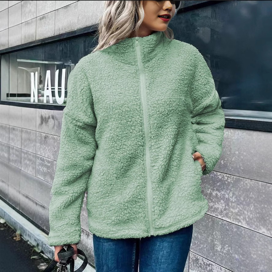 Women’s Fleece Coat – Oversized Fit – Wool Blend – Stand Collar – Long Sleeve Zip