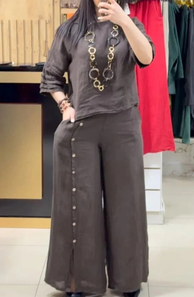Women’s Two-Piece Set – Linen Relaxed Fit Top – Wide-Leg Pants with Button Detail
