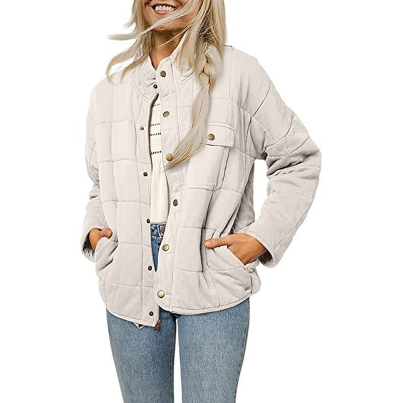 Women’s Quilted Jacket – Loose Fit – Stand Collar – Button Front – Mid Length Casual