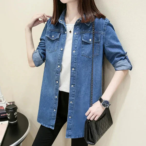 Women’s Denim Shirt – Slim Fit – Button Front – Chest Pockets – Medium Length