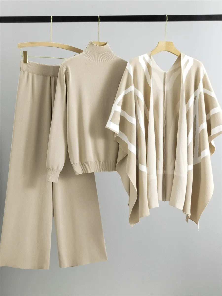 Women’s Three-Piece Shawl Cape Set – Knitted Fabric – Open Front – Geometric Pattern – Relaxed Fit